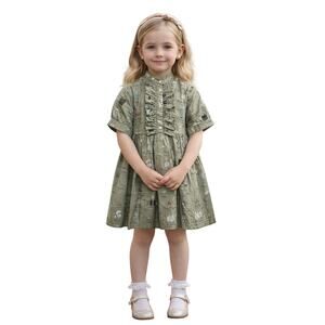 FENDI KIDS Girls' Allover Print Ruffled Alphabet Short Sleeve Dress Green 6A NWT